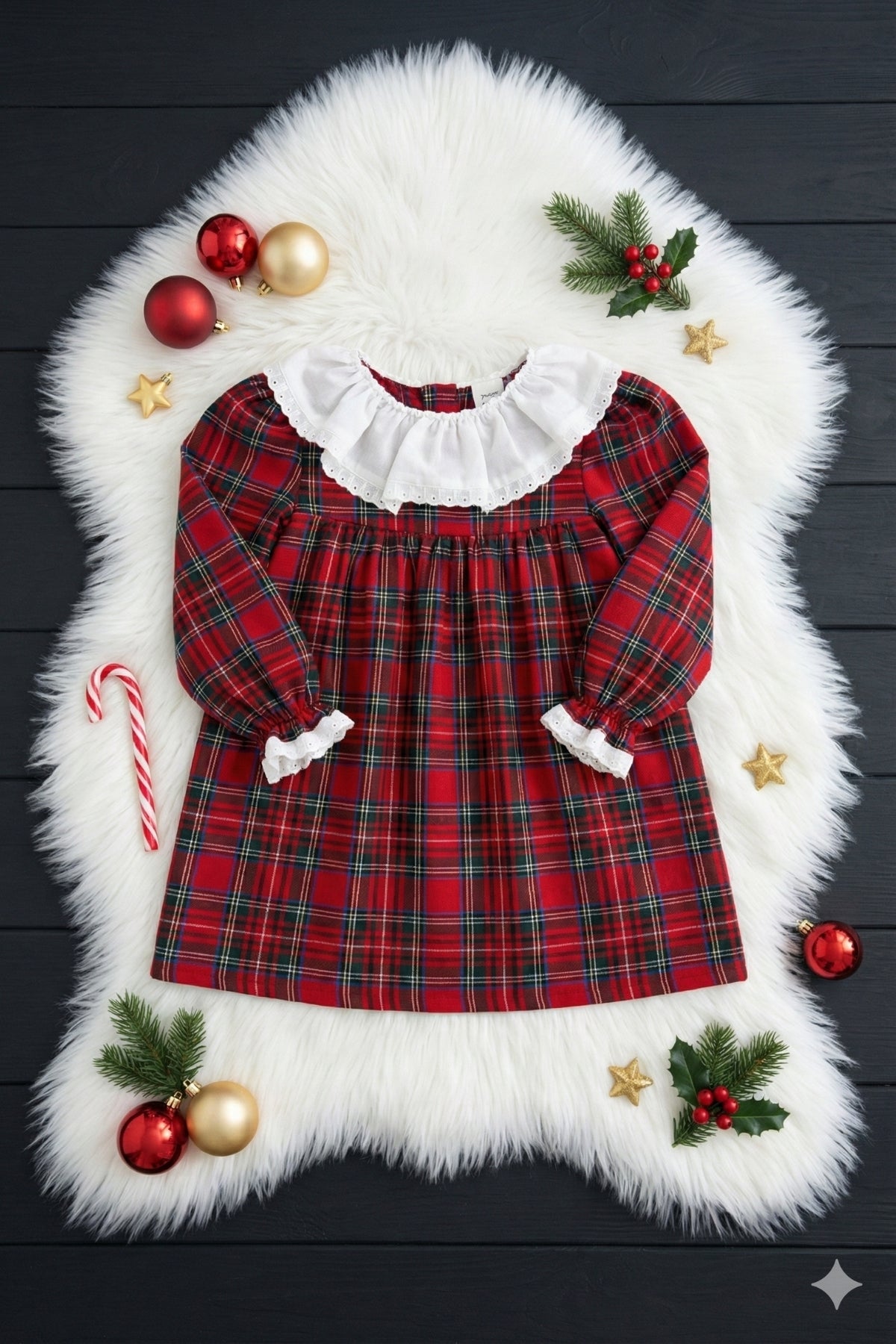 Kleid College - langärmliges Kleid im Schottenmuster Spitzendetails Rüschensaum und Stirnband