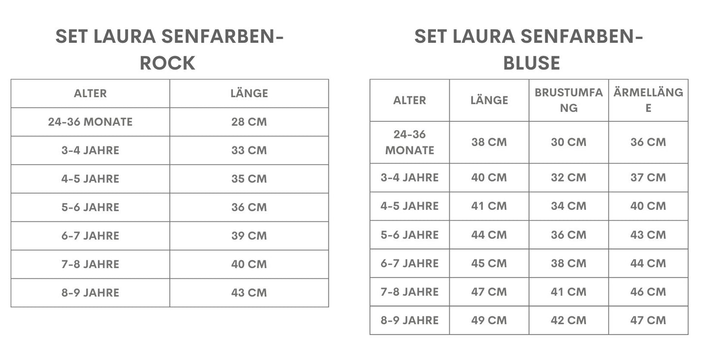 Set Laura - senfarben gemusterter Rock mit Raffung und weißer Bluse mit passender Schleife