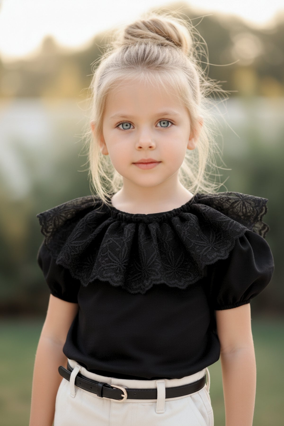 Schwarzes T-Shirt mit Spitzendetails am Kragen