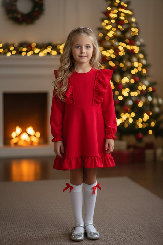 Rotes Mädchen Leinenkleid – Langarm mit Rüschen