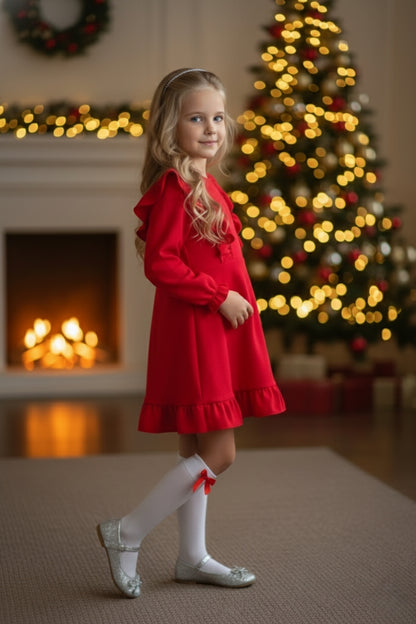 Rotes Mädchen Leinenkleid – Langarm mit Rüschen