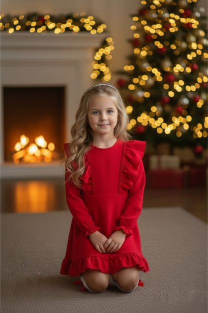 Rotes Mädchen Leinenkleid – Langarm mit Rüschen