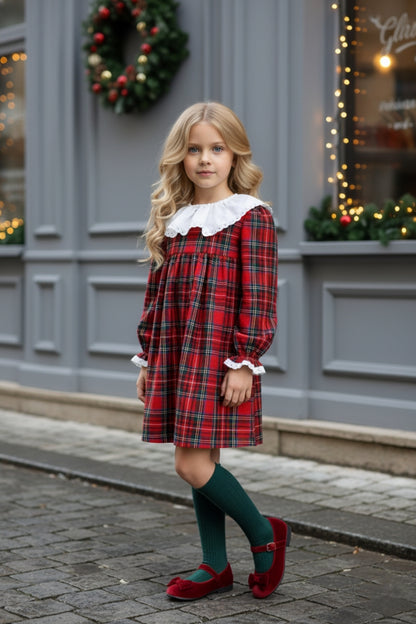 Kleid College - langärmliges Kleid im Schottenmuster Spitzendetails Rüschensaum und Stirnband