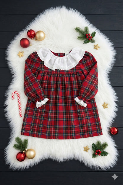 Kleid College - langärmliges Kleid im Schottenmuster Spitzendetails Rüschensaum und Stirnband