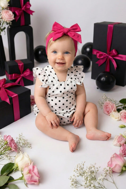 Zauberhafte Baby Salopette - weiß mit schwarzen Punkten - mit Haarband