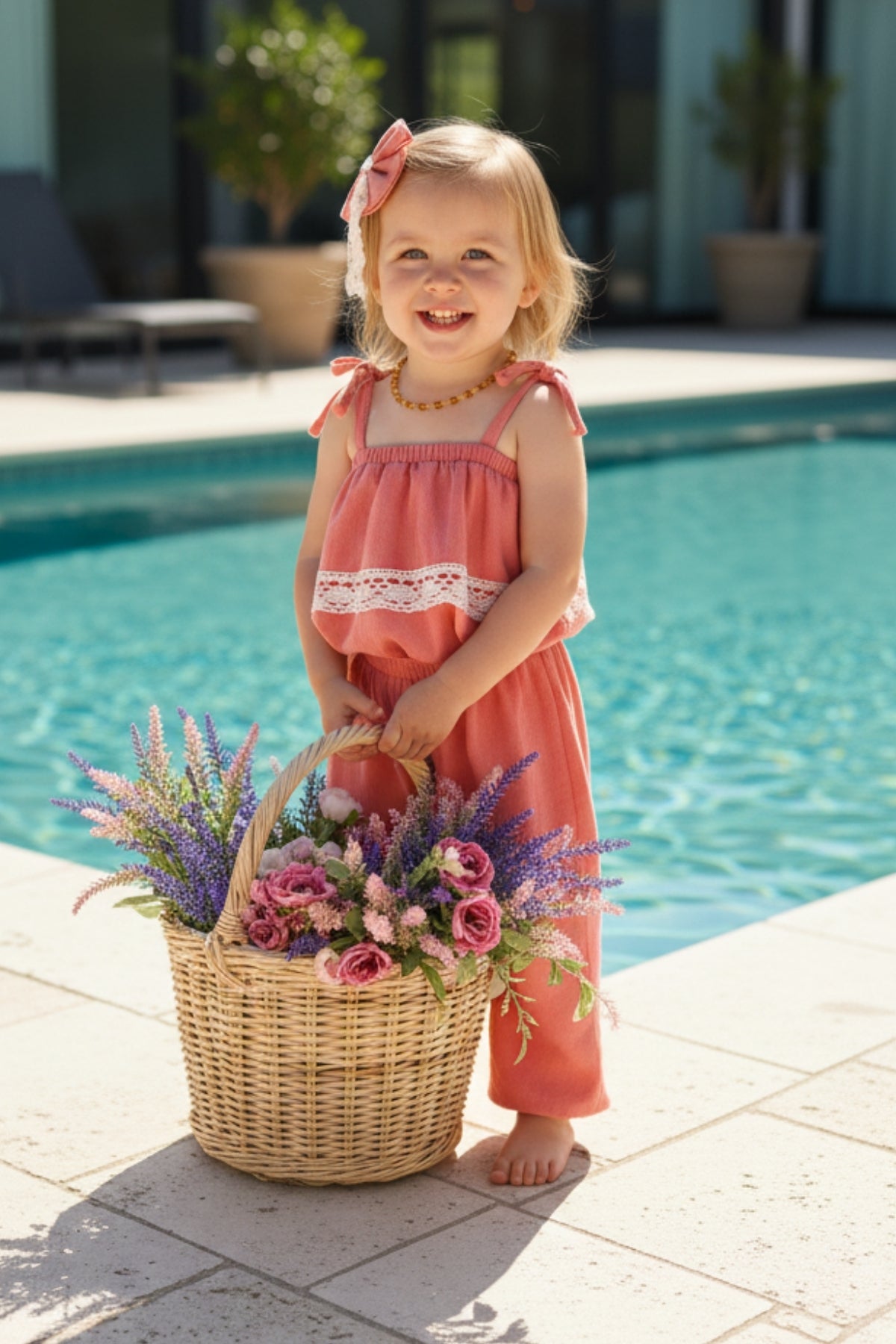 Jumpsuit Pera - Lachsfarbener Jumpsuit mit Spitzendetails, schmalen Trägern und Haarspange