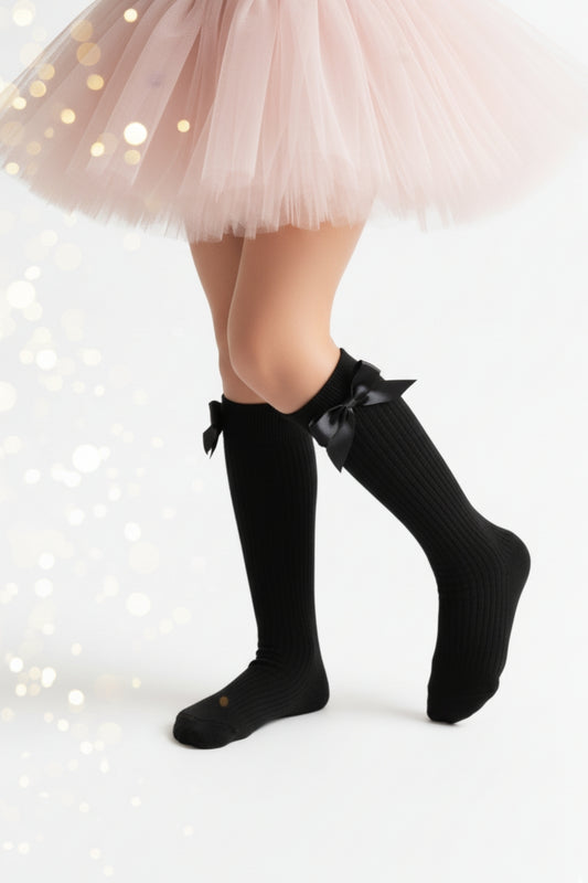 Mädchen Kniestrümpfe mit Schleifen - süße knielange Strümpfe schwarz