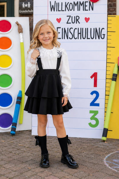 Festliches Set für Mädchen – Schwarzer Rock & Langärmlige Weiße Bluse mit Spitze