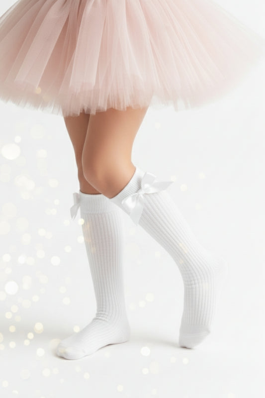 Mädchen Kniestrümpfe mit Schleifen - süße knielange Strümpfe weiß