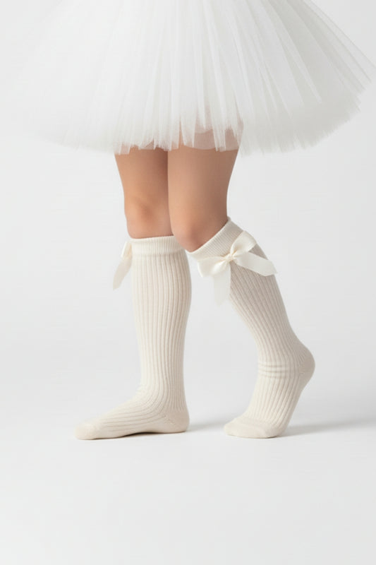 Mädchen Kniestrümpfe mit Schleifen - süße knielange Strümpfe creme
