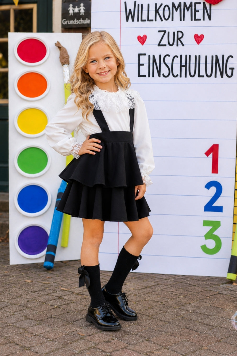 Festliches Set für Mädchen – Schwarzer Rock & Langärmlige Weiße Bluse mit Spitze