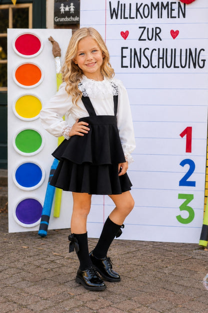 Festliches Set für Mädchen – Schwarzer Rock & Langärmlige Weiße Bluse mit Spitze