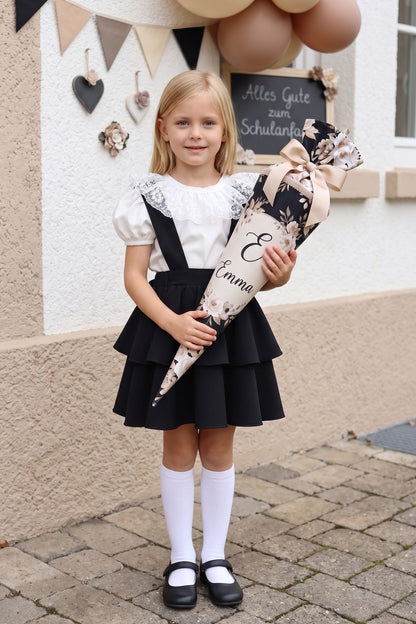 Festliches Set für Mädchen – Schwarzer Glockenrock & Weiße Kurzarmbluse mit Spitzendetails