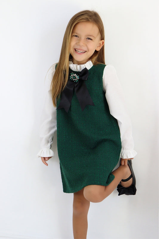 Kleid Vanessa - Kleid mit Tweed in grün abnehmbare Brosche mit Zirkoniastein