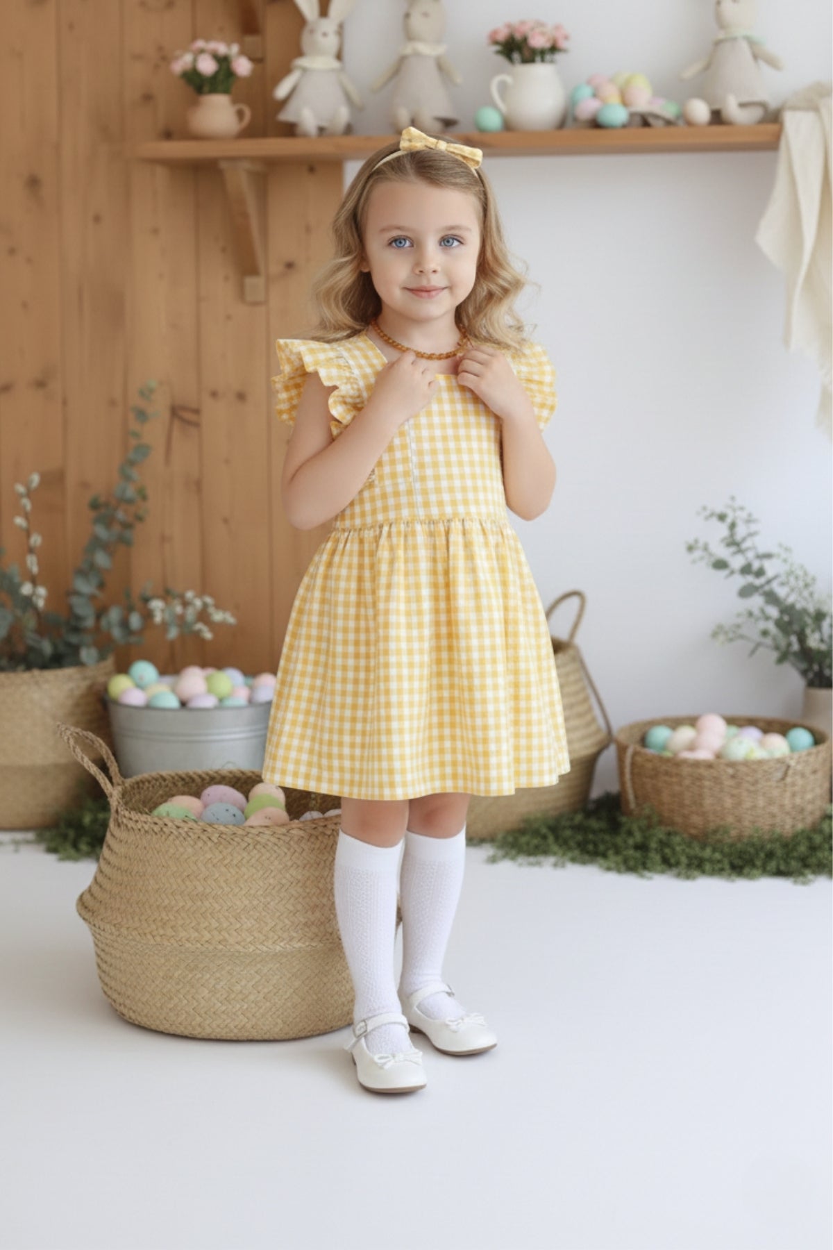 Gelbes Kleid Violetta - mit Plaid Muster in gelb und weiß, Rüschensaum und passendes Haarband