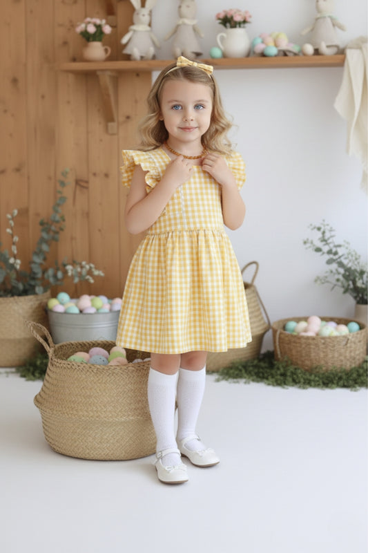 Gelbes Kleid Violetta - mit Plaid Muster in gelb und weiß, Rüschensaum und passendes Haarband