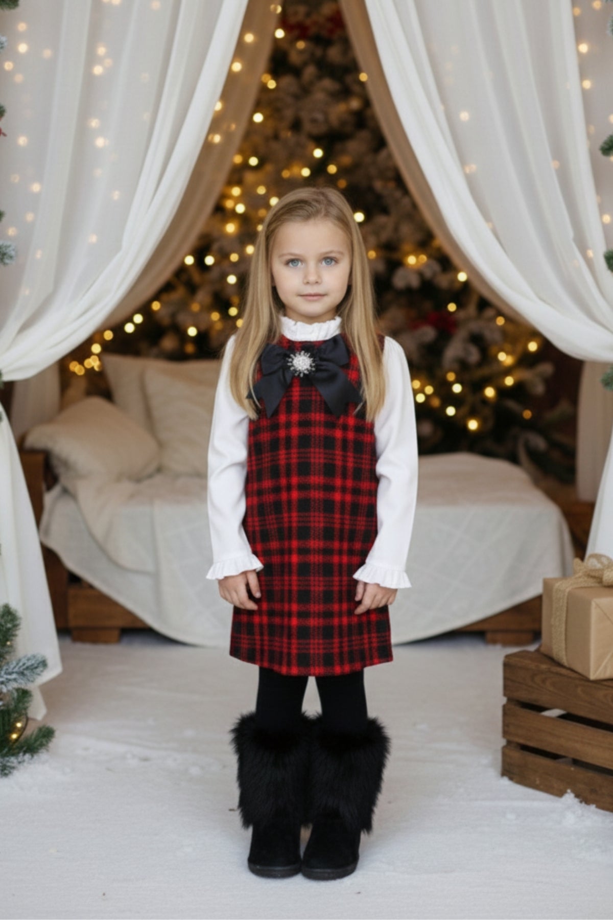 Kleid Vanessa - Kleid mit Tweed in schwarz und rot  abnehmbare Brosche mit Zirkoniastein