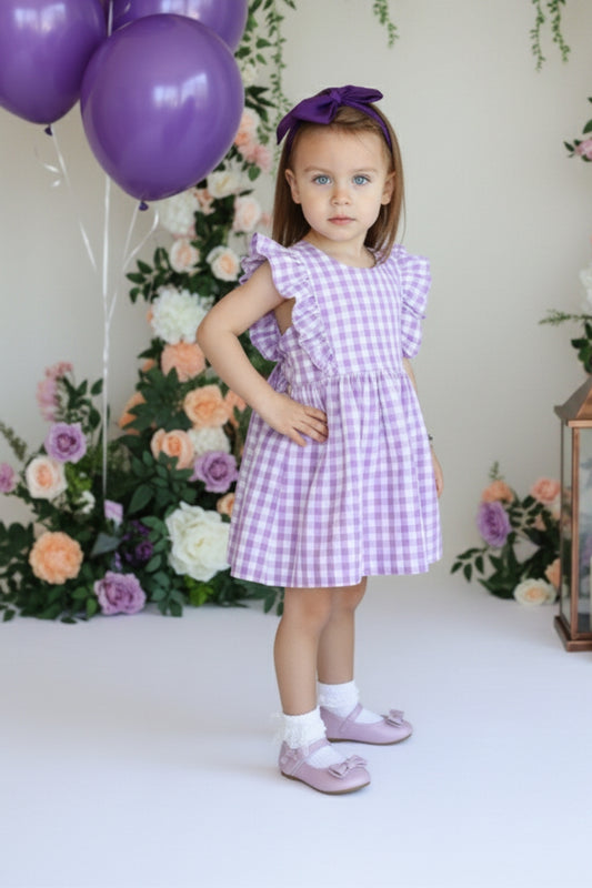 Kleid Lila Violetta - mit Plaid Muster in Lila und Weiß, Rüschensaum und passendes Haarband