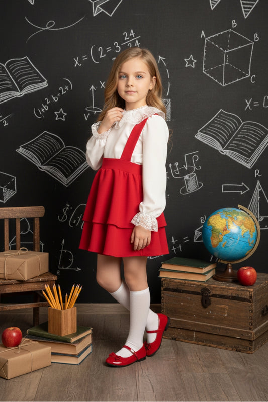 Festliches Set für Mädchen – Roter Rock & Langärmlige Weiße Bluse mit Spitze