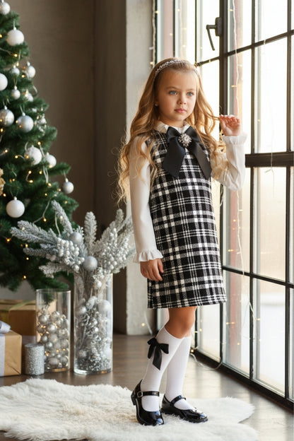 Kleid Vanessa - Kleid mit Tweed in schwarz und weiß abnehmbare Brosche mit Zirkoniastein