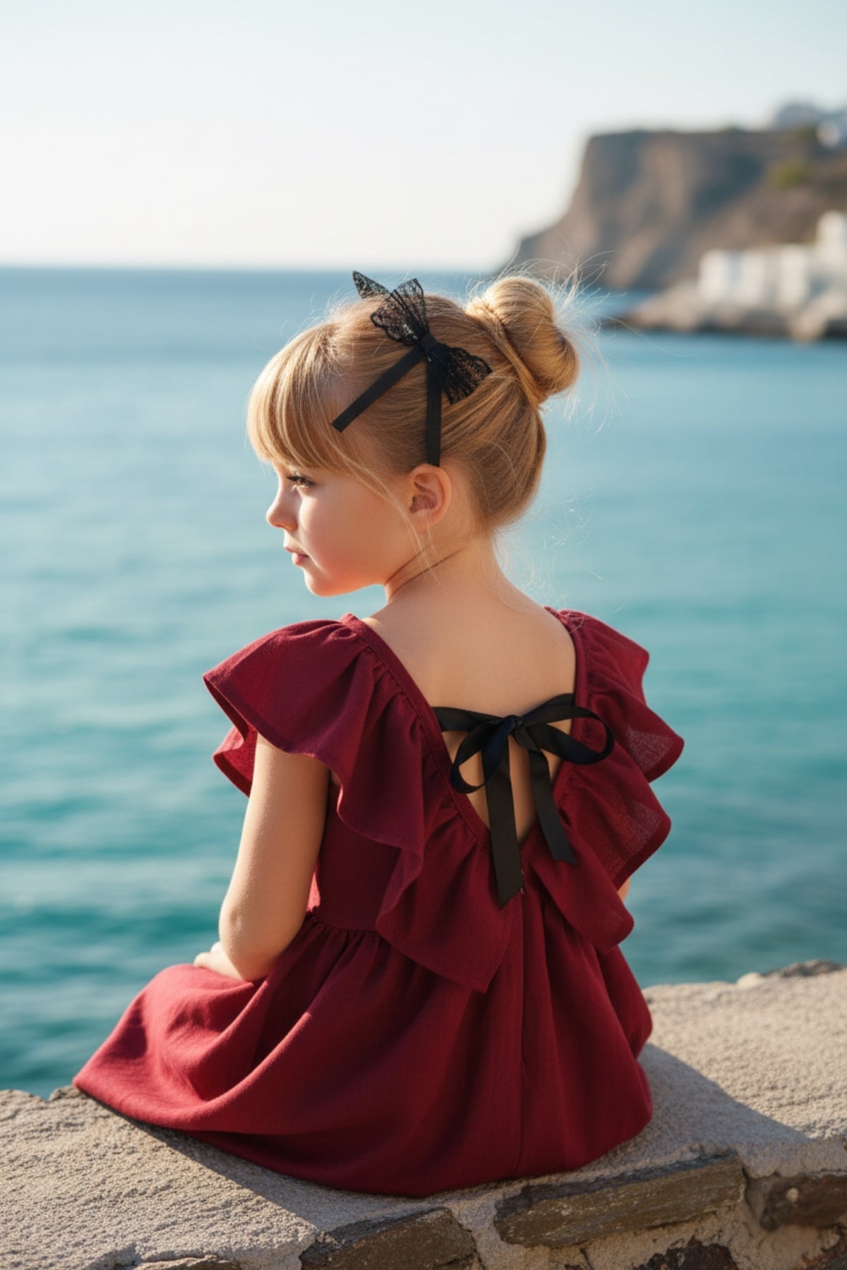 Kleid Cherry - Bordeaux farbendes Kleid mit Schleife, Rüschen und Haarspangen