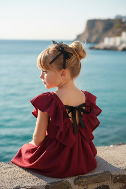 Kleid Cherry - Bordeaux farbendes Kleid mit Schleife, Rüschen und Haarspangen