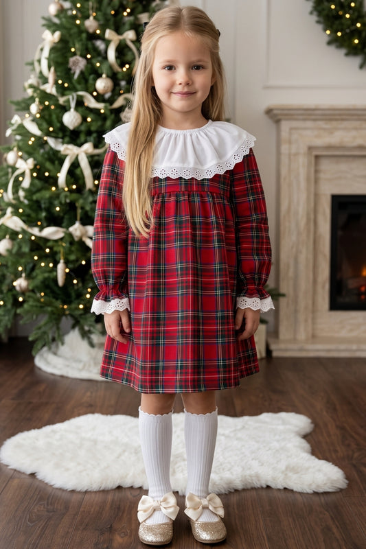 Kleid College - langärmliges Kleid im Schottenmuster Spitzendetails Rüschensaum und Stirnband