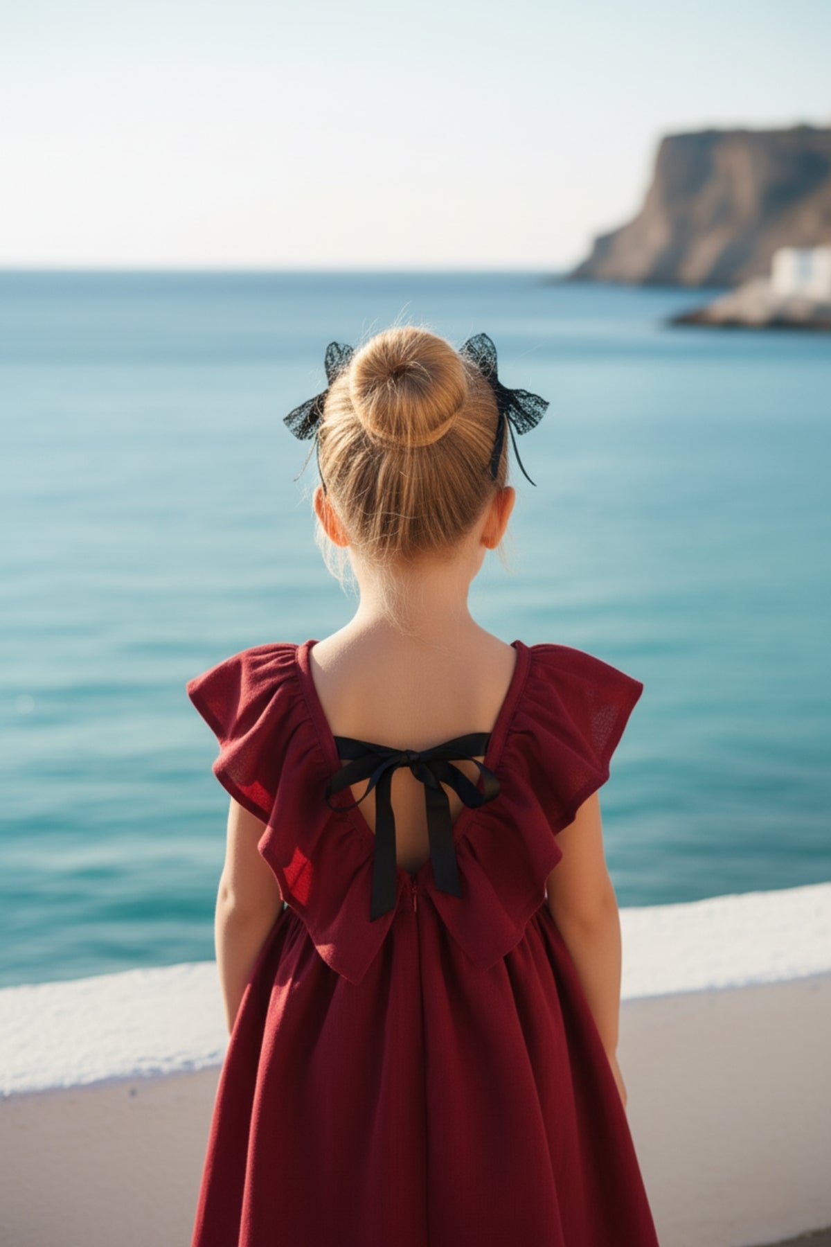 Kleid Cherry - Bordeaux farbendes Kleid mit Schleife, Rüschen und Haarspangen