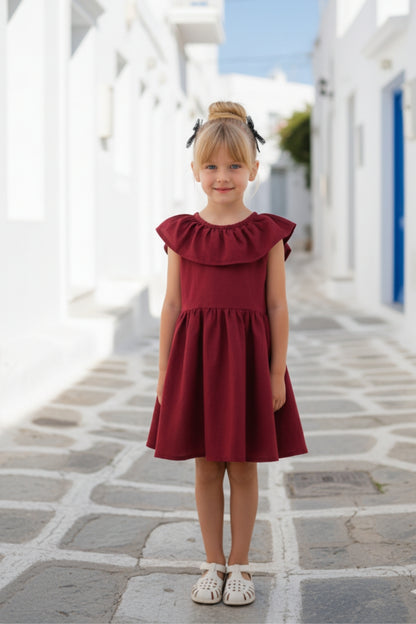 Kleid Cherry - Bordeaux farbendes Kleid mit Schleife, Rüschen und Haarspangen