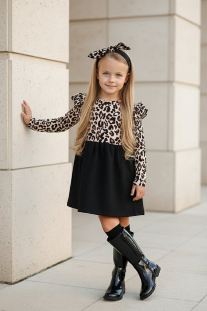 Kleid - schwarz mit Leopardenmuster - entzückender Rüschensaum und passendes Haarband