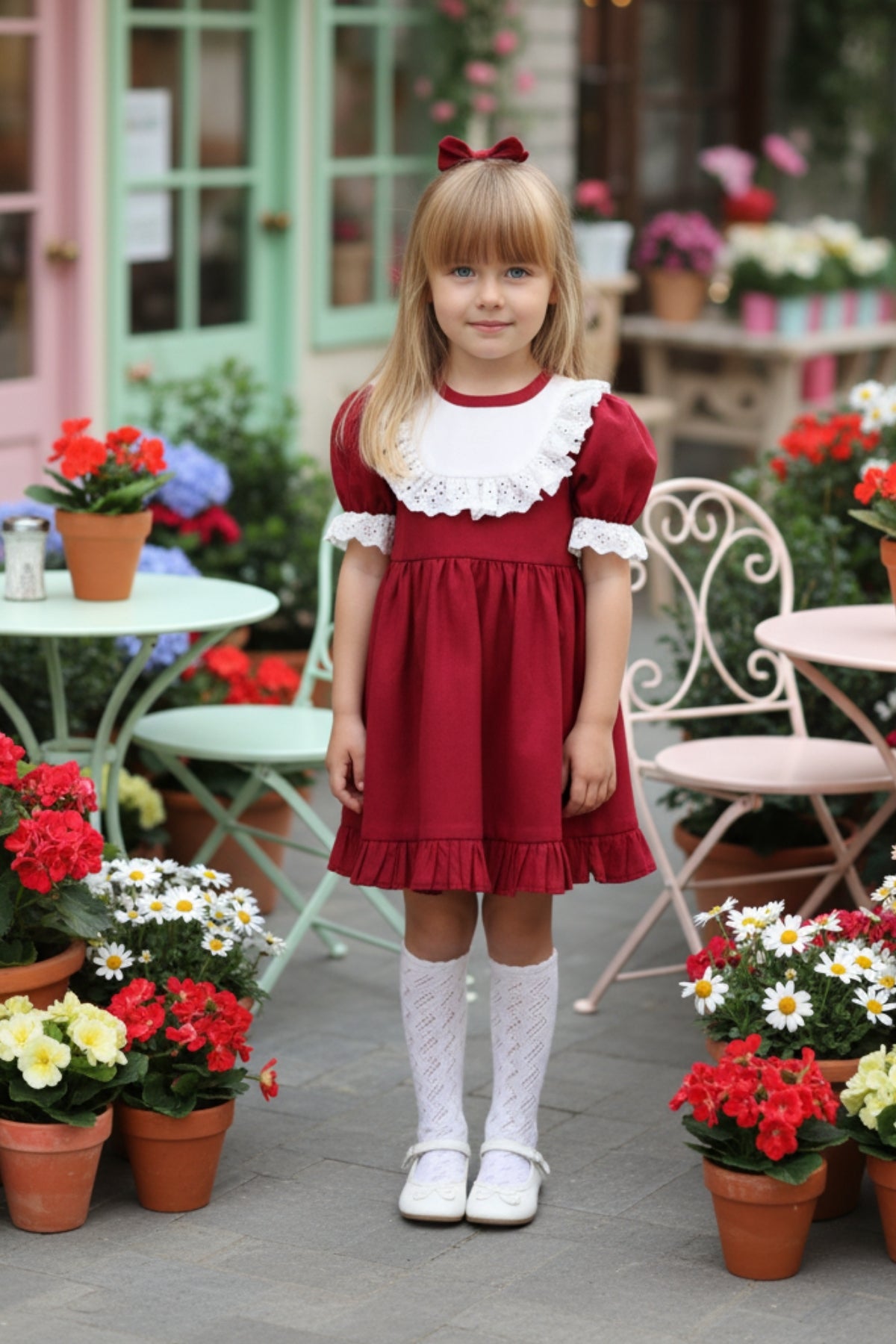 Kleid Ruby - Bordeaux Kleid kurzärmelig mit Rüschensaum Spitzendetails und Haarband