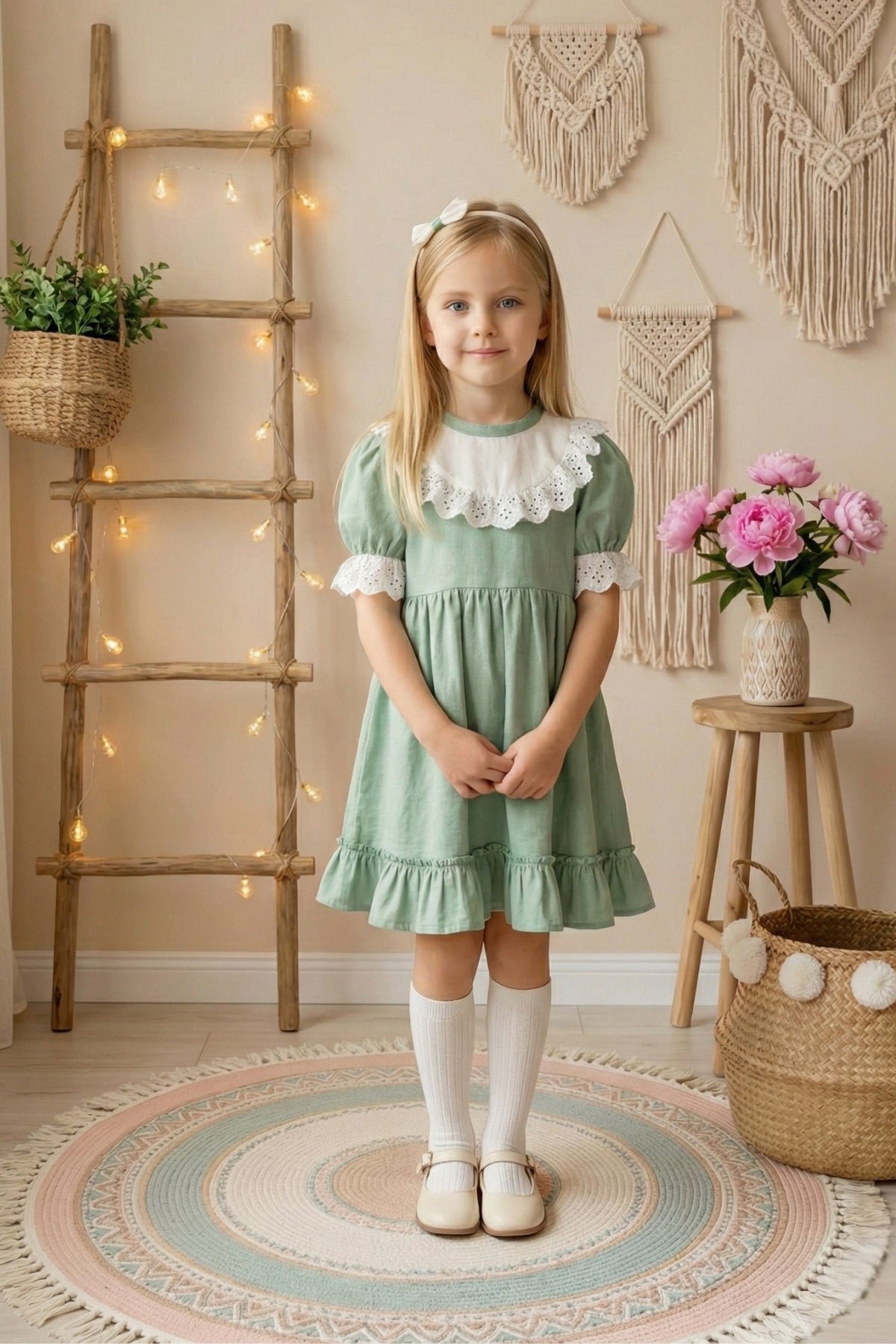 Kleid Ruby - Mintfarbenes Kleid kurzärmelig mit Rüschensaum Spitzendetails und Haarband