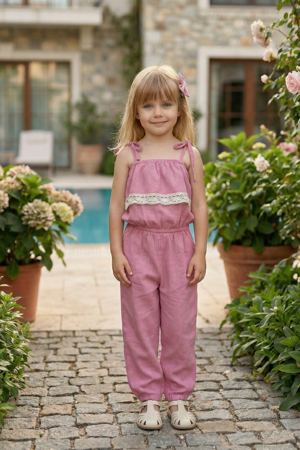 Jumpsuit Pera - Lila Jumpsuit mit Spitzendetails, schmalen Trägern und Haarspange