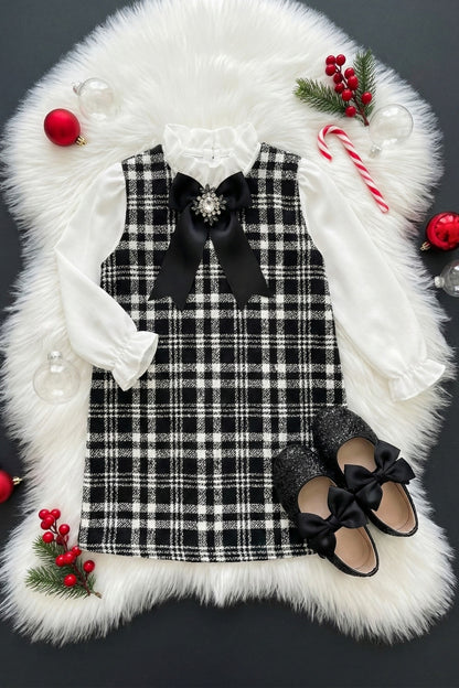 Kleid Vanessa - Kleid mit Tweed in schwarz und weiß abnehmbare Brosche mit Zirkoniastein