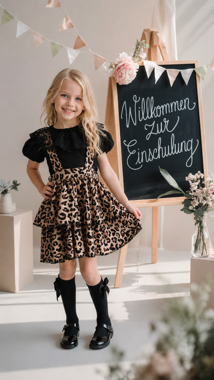 Festliches Set für Mädchen – Leopardenrock & Schwarze Kurzarmbluse mit Spitzendetails