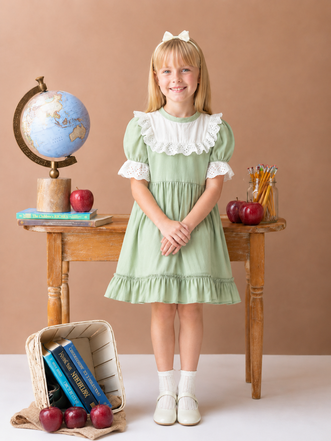 Kleid Ruby - Mintfarbenes Kleid kurzärmelig mit Rüschensaum Spitzendetails und Haarband