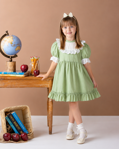 Kleid Ruby - Mintfarbenes Kleid kurzärmelig mit Rüschensaum Spitzendetails und Haarband