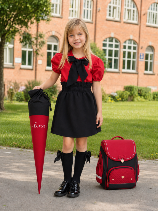 Set Acelya - Schwarzer Rock mit Raffung, rote Bluse mit schwarzer Schleife