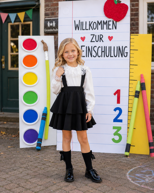 Festliches Set für Mädchen – Schwarzer Rock & Langärmlige Weiße Bluse mit Spitze