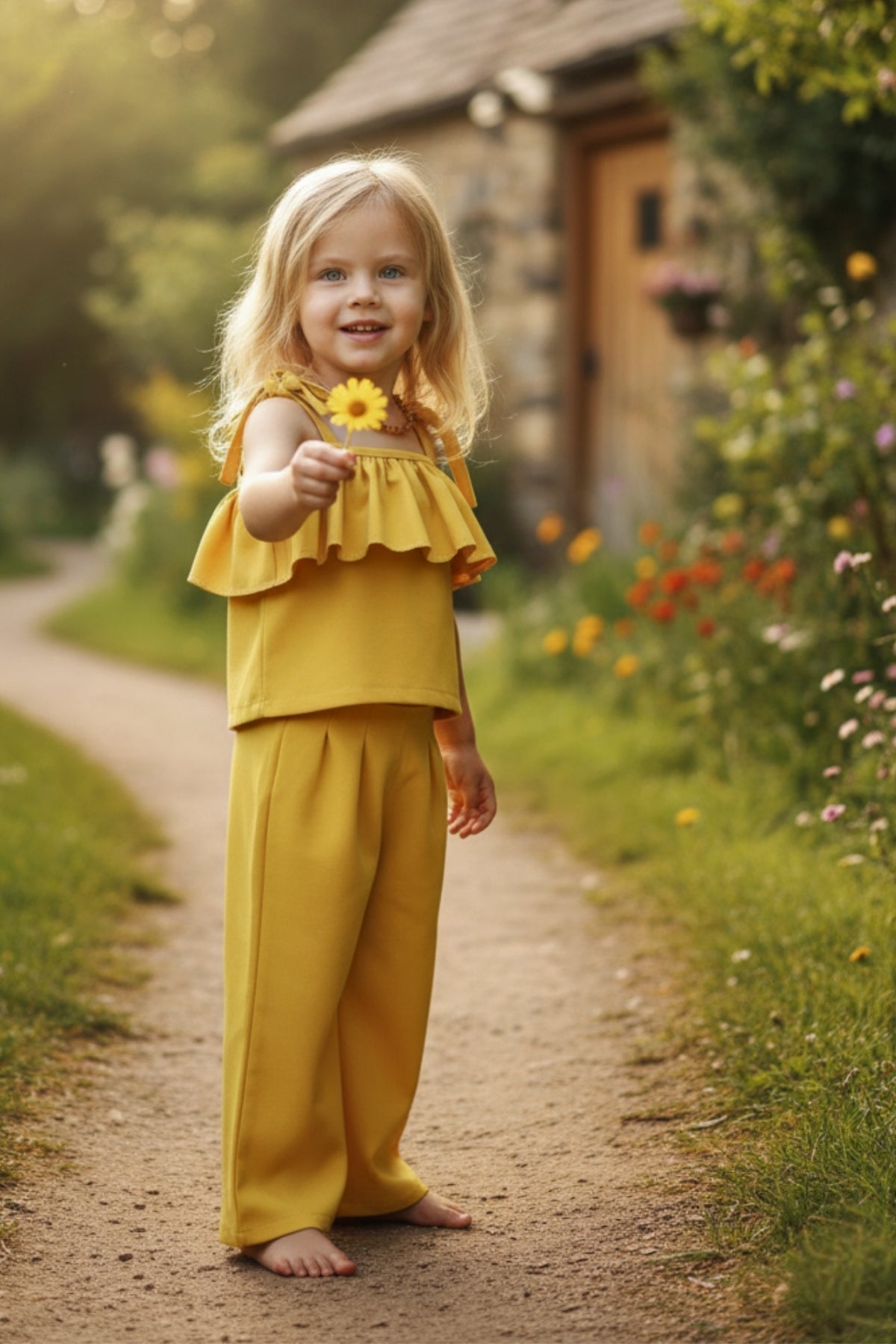 Gelber Zweiteiler Ruffle - Oberteil mit Rüschendetails und Hose