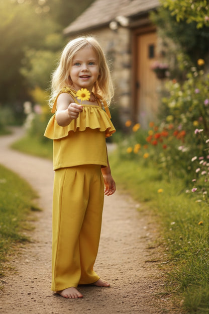 Gelber Zweiteiler Ruffle - Oberteil mit Rüschendetails und Hose