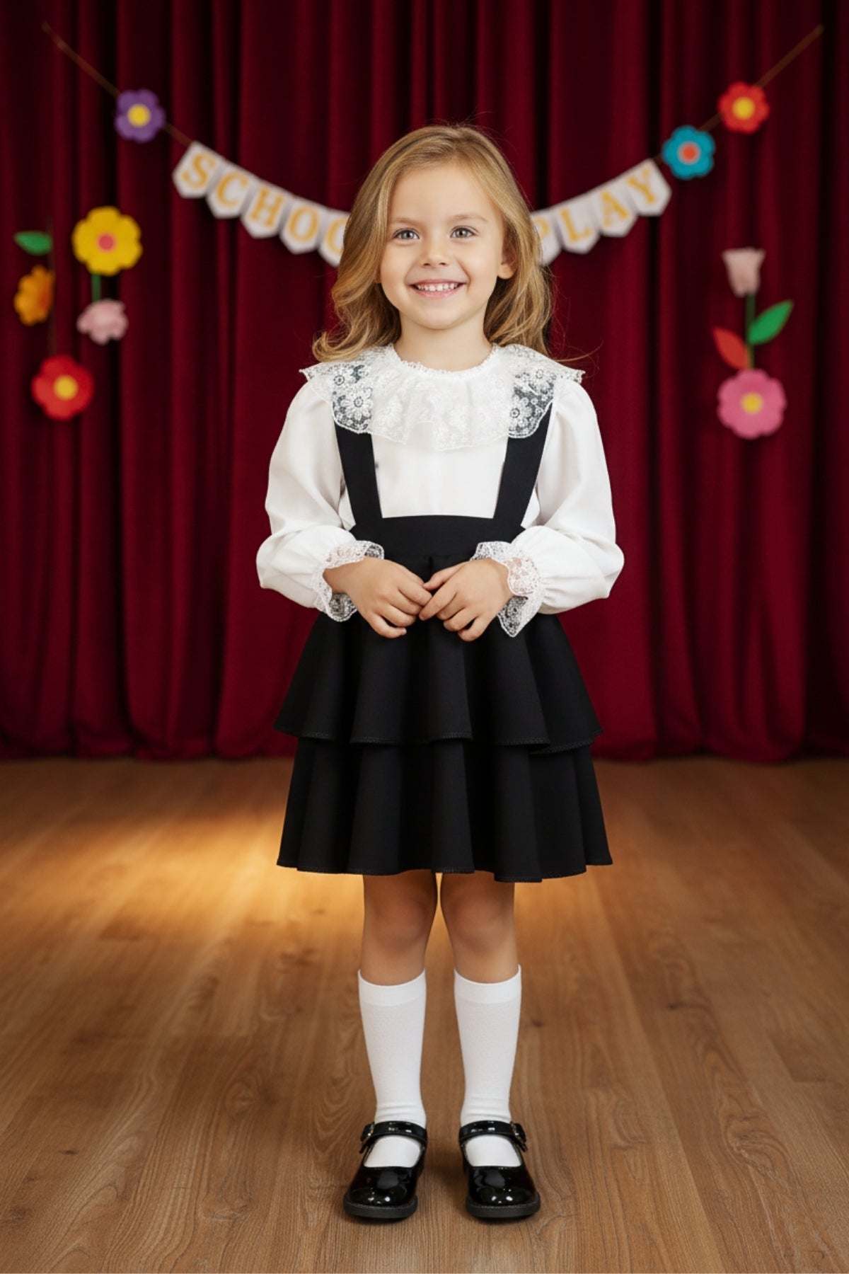 Festliches Set für Mädchen – Schwarzer Rock & Langärmlige Weiße Bluse mit Spitze