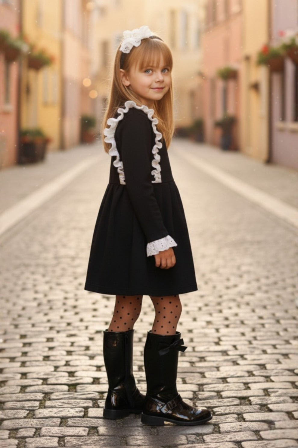 Kleid Elena - Schwarzes Kleid mit weißer Spitze, verziert mit Rüschensaum und Haarband mit Spitzendetails