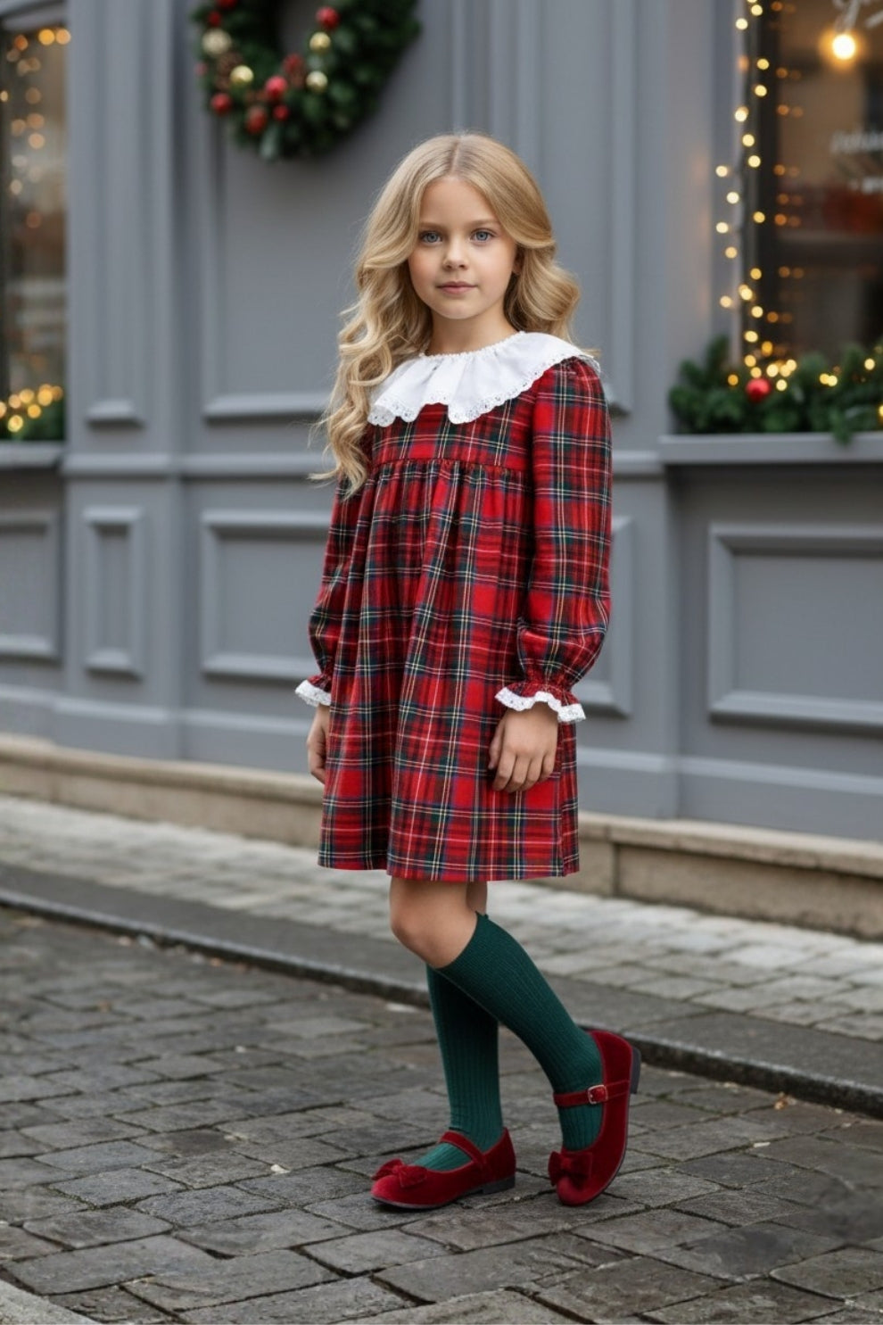 Kleid College - langärmliges Kleid im Schottenmuster Spitzendetails Rüschensaum und Stirnband
