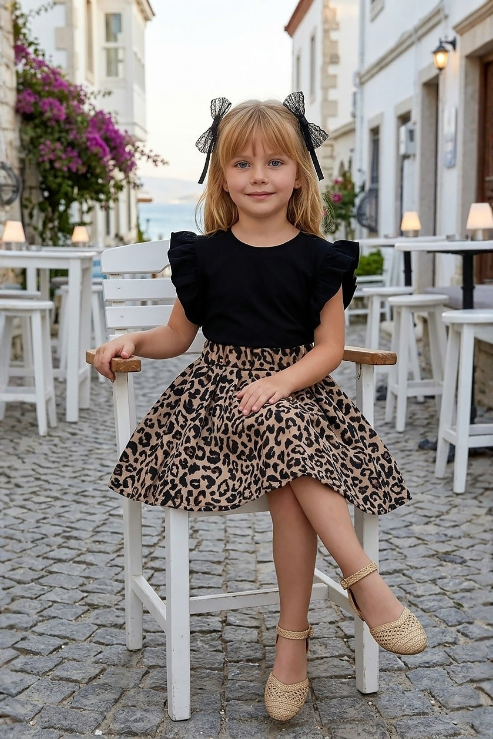 Kleid mit Leopardenmuster - kurzärmeliges Kleid mit Rüschensaum und Haarspange