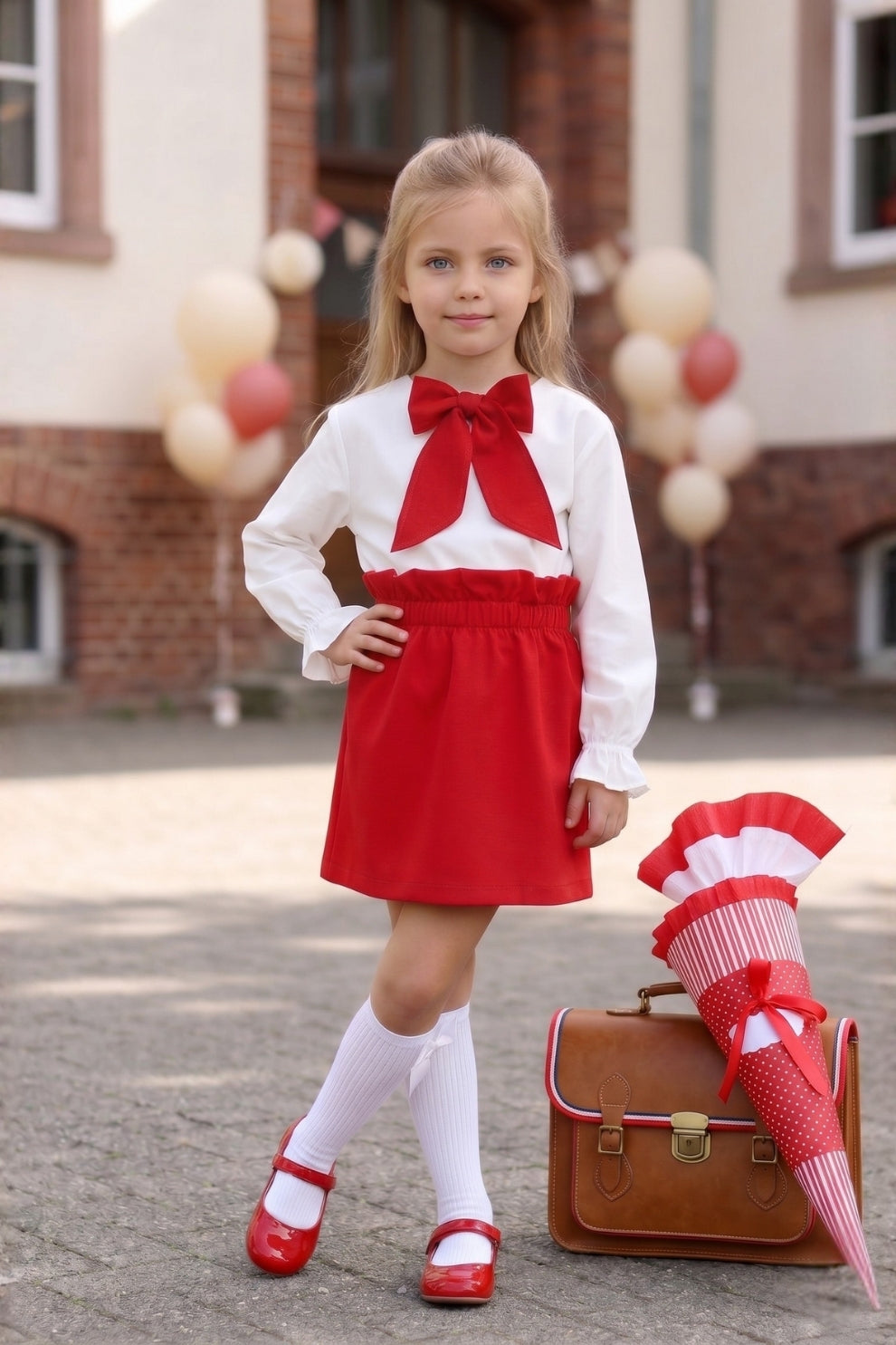 Set Laura -  roter Rock mit Raffung und weißer Bluse mit roter Schleife