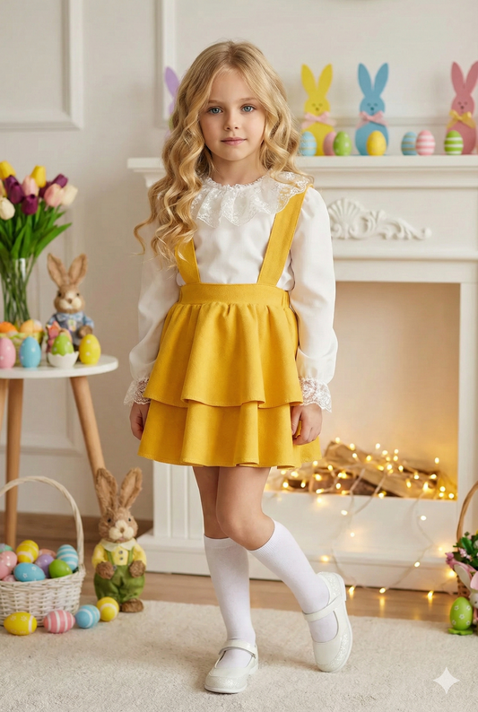 Festliches Set für Mädchen – Gelber Rock & Langärmlige Weiße Bluse mit Spitze