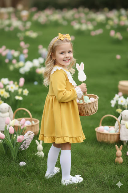 Kleid Ruby - Gelbes Kleid langärmelig mit Rüschensaum Spitzendetails und Haarband