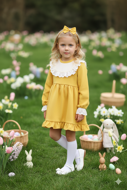 Kleid Ruby - Gelbes Kleid langärmelig mit Rüschensaum Spitzendetails und Haarband