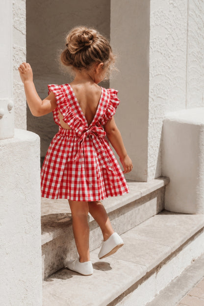 Rotes Kleid Violetta - mit Plaid Muster in rot und weiß, Rüschensaum und passendes Haarband